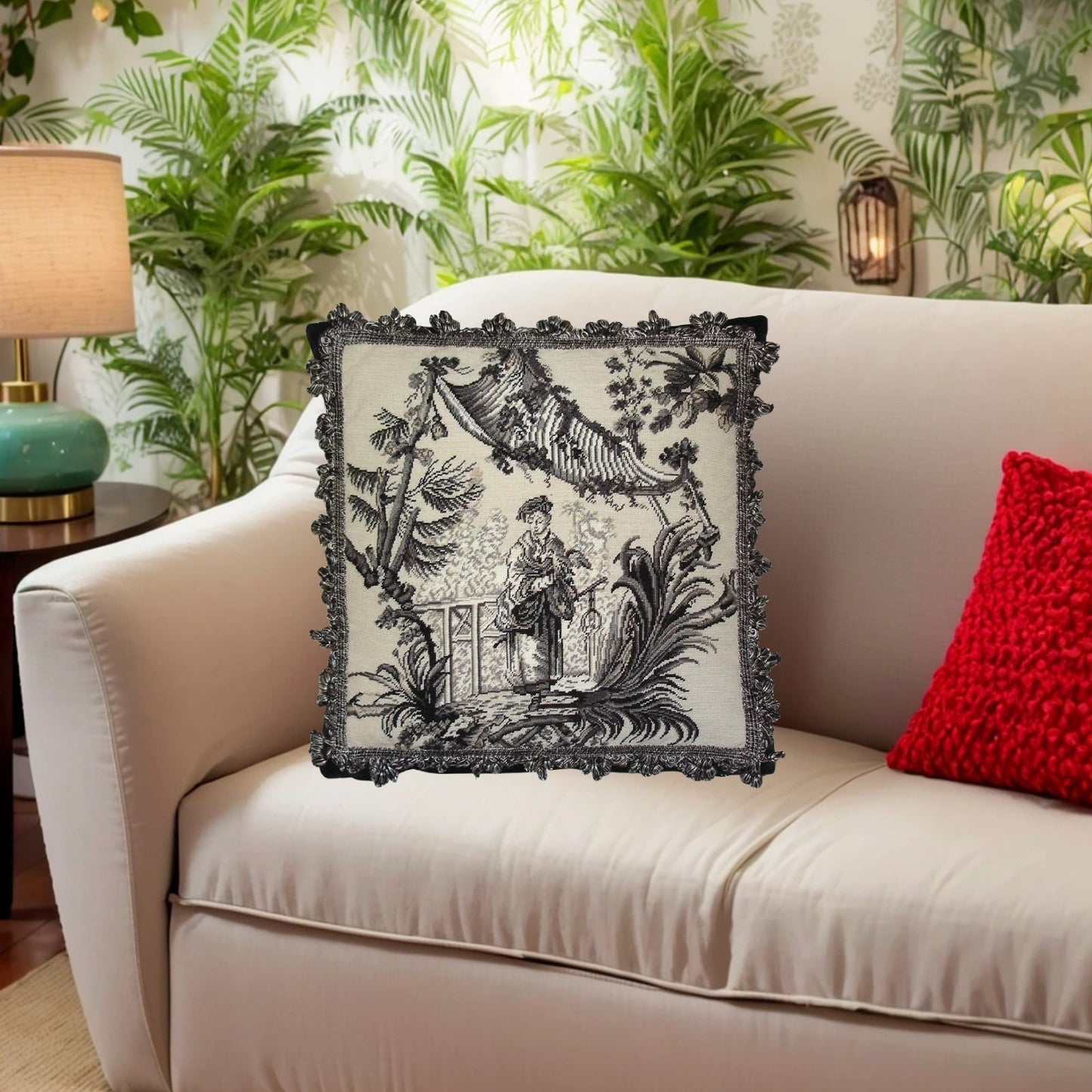 Handmade Wool Needlepoint Pillow Cover - Decorative Throw Cushion Cover - Vintage Floral Embroidery Design Chinese fishman black/white