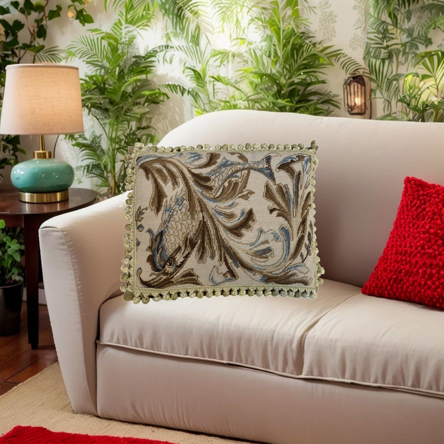 Handmade Wool Needlepoint Pillow Cover - Decorative Throw Cushion Cover - Vintage Floral Embroidery Design blue/brown fish and weeds with tassels