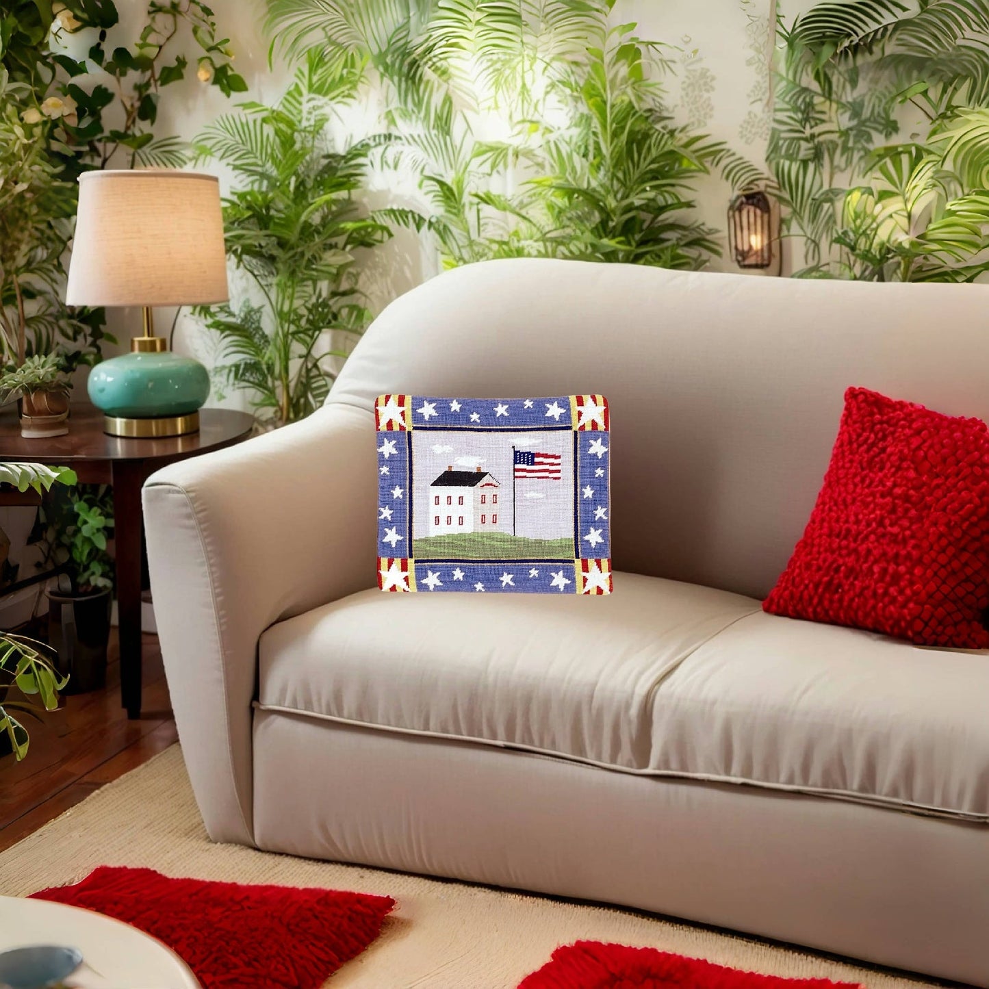 Handmade Wool Needlepoint Pillow Cover - Decorative Throw Cushion Cover - Vintage Floral Embroidery Design house & flag 4 stars on the 4 corner