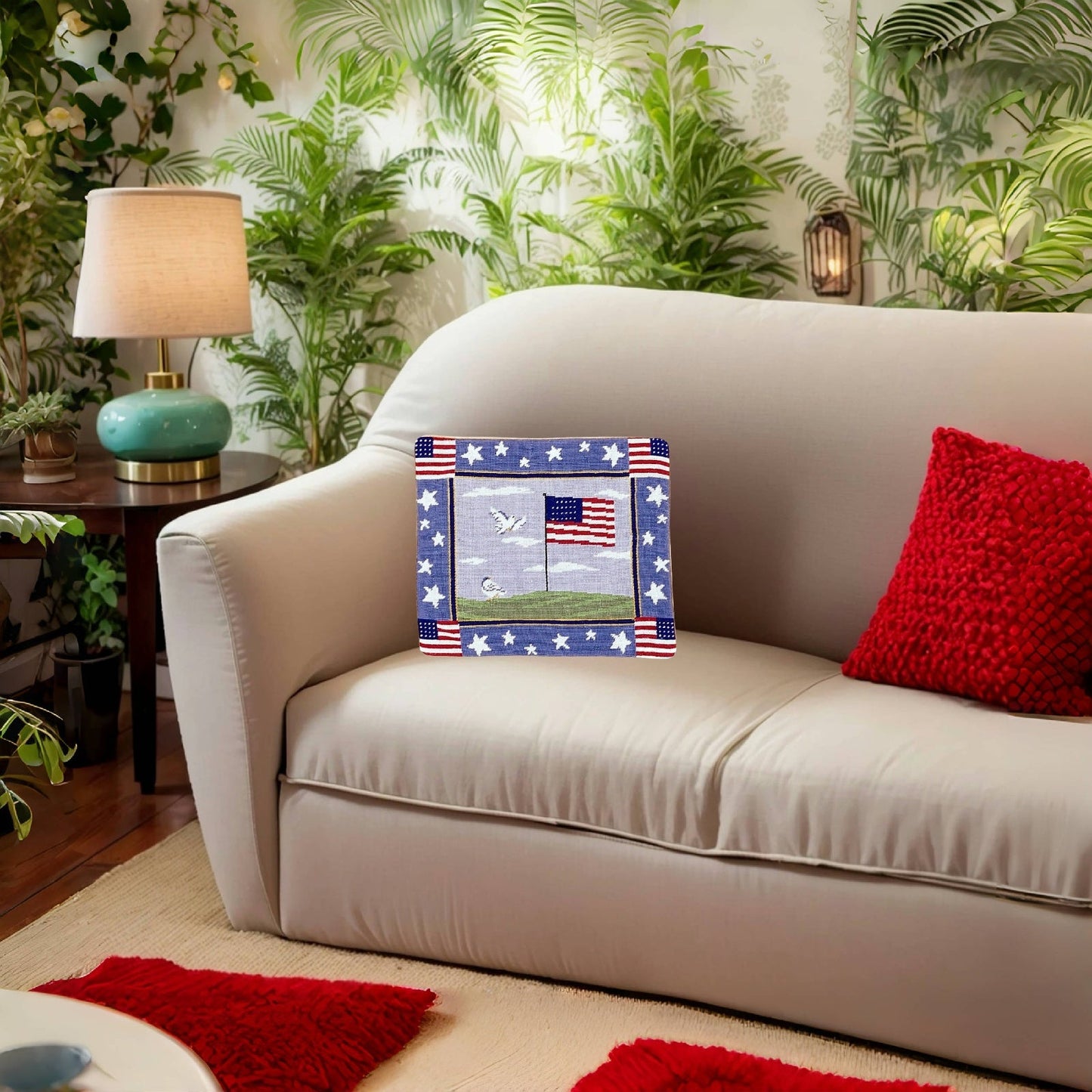 Handmade Wool Needlepoint Pillow Cover - Decorative Throw Cushion Cover - Vintage Floral Embroidery Design center flag & 4 corner 4 flags