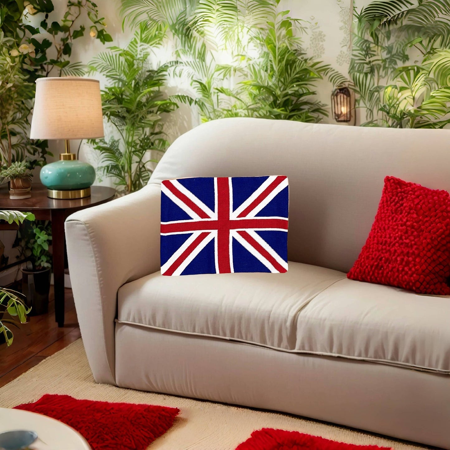 Handmade Wool Needlepoint Pillow Cover - Decorative Throw Cushion Cover - Vintage Floral Embroidery Design U K flag