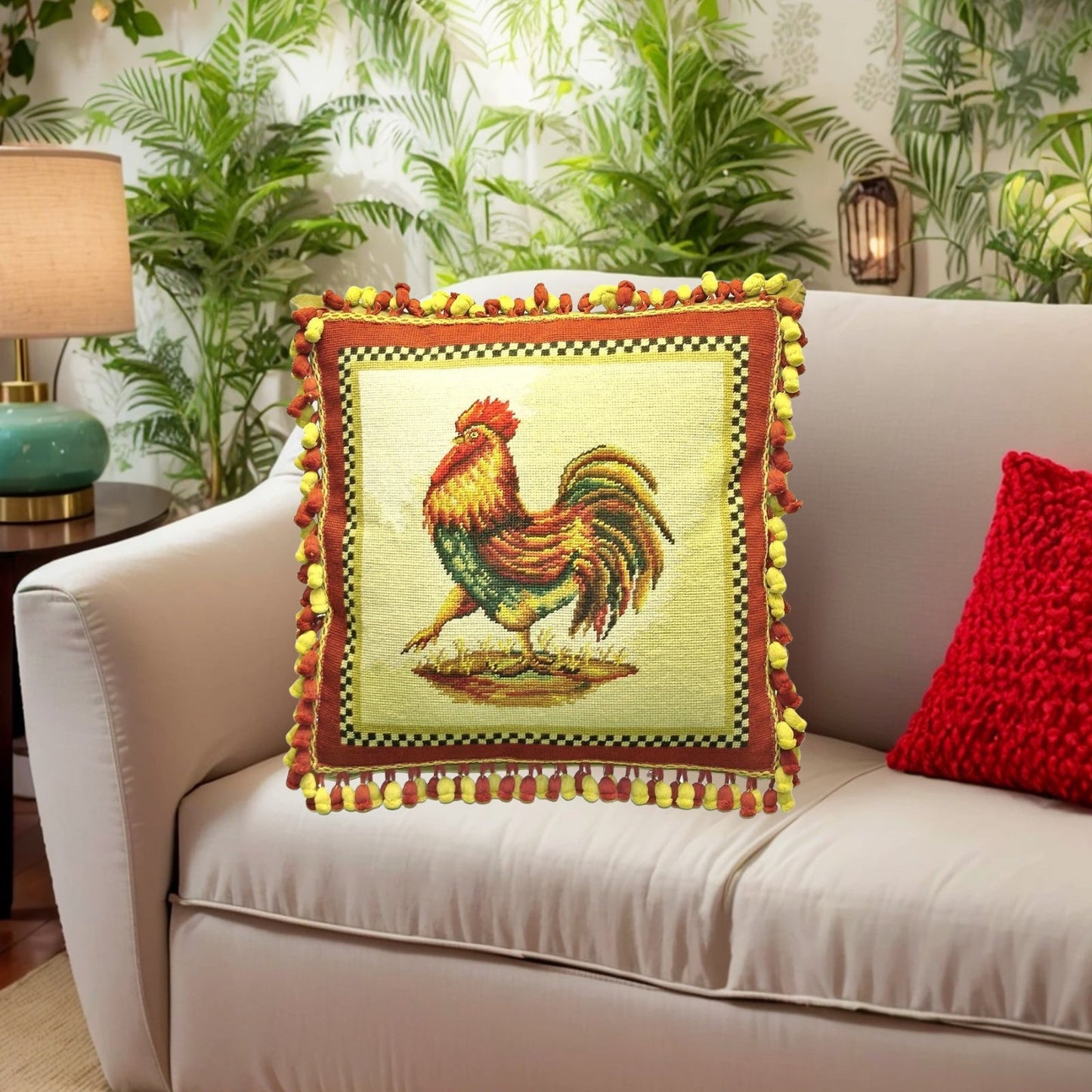 Handmade Wool Needlepoint Pillow Cover - Decorative Throw Cushion Cover - Vintage Floral Embroidery Design rooster 2 color onion tassel
