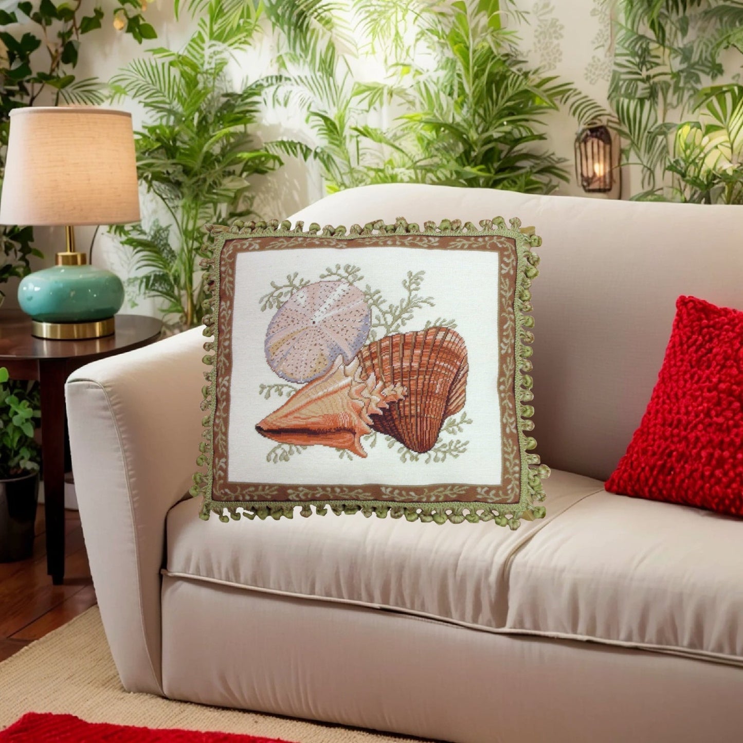 Handmade Wool Needlepoint Pillow Cover - Decorative Throw Cushion Cover - Vintage Floral Embroidery Design Wendy Russells Shell-1 with tassel