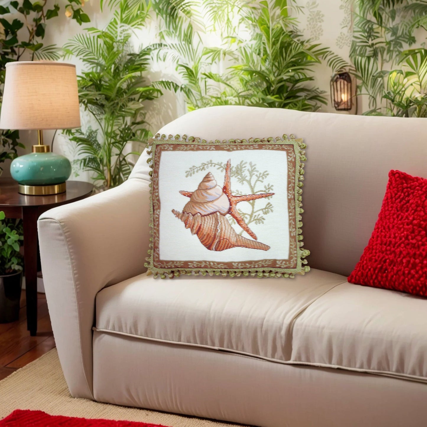 Handmade Wool Needlepoint Pillow Cover - Decorative Throw Cushion Cover - Vintage Floral Embroidery Design Wendy Russells shell -2 with tassel