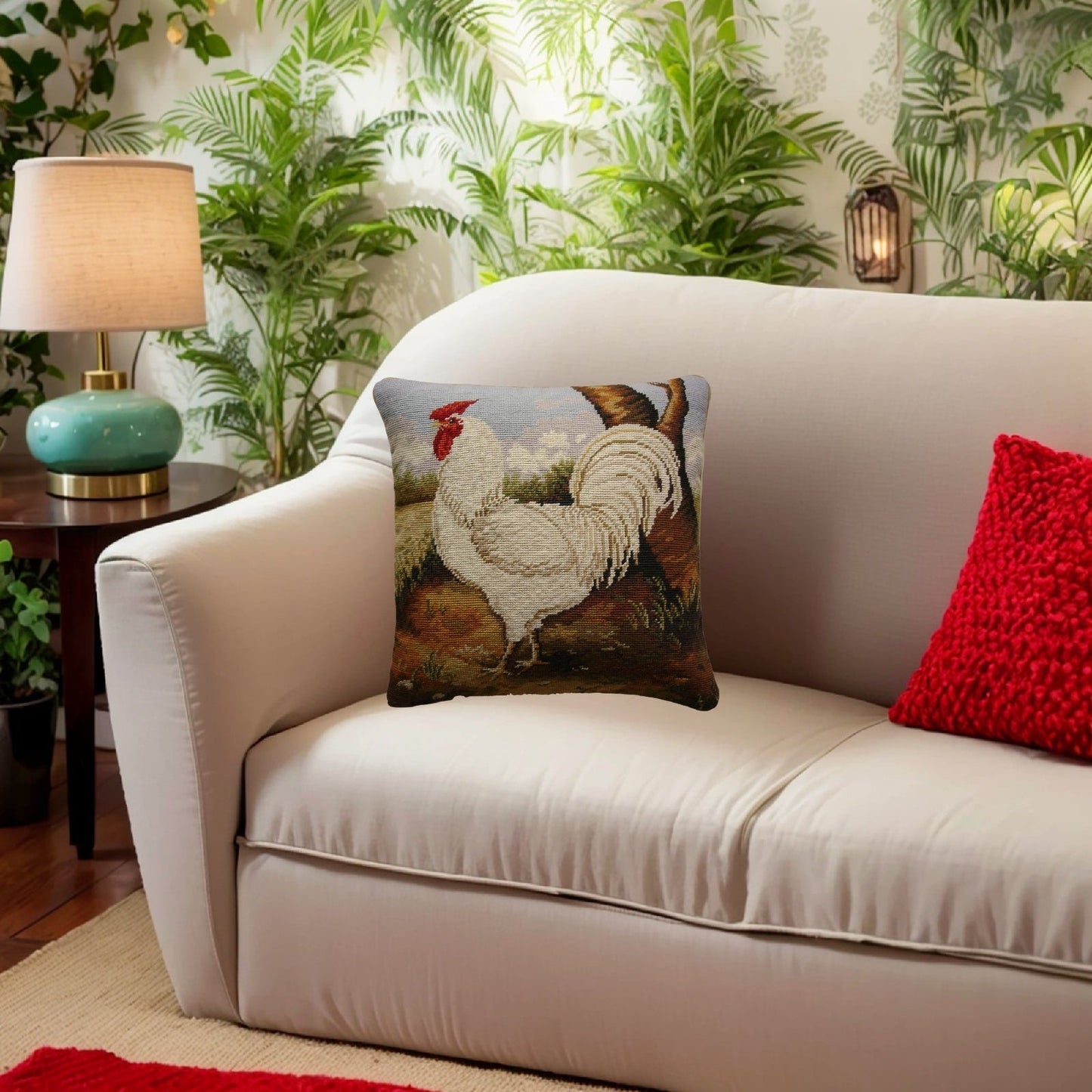 Handmade Wool Needlepoint Pillow Cover - Decorative Throw Cushion Cover - Vintage Floral Embroidery Design roosterHenry