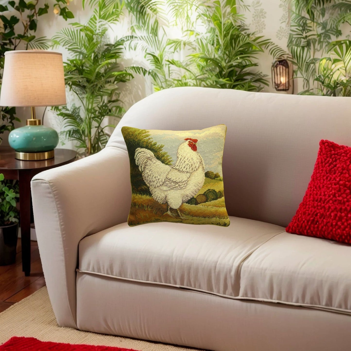 Handmade Wool Needlepoint Pillow Cover - Decorative Throw Cushion Cover - Vintage Floral Embroidery Design white roosterByron