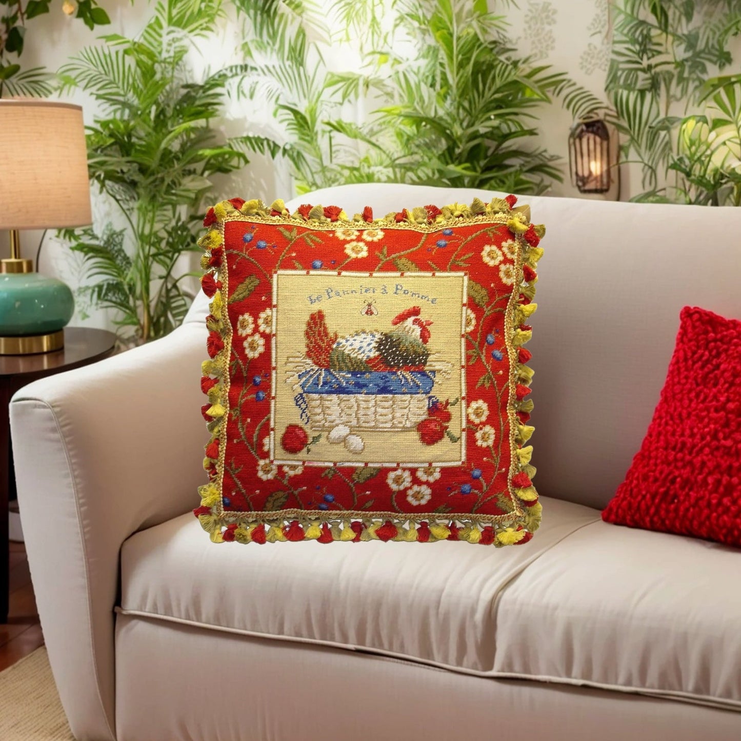 Handmade Wool Needlepoint Pillow Cover - Decorative Throw Cushion Cover - Vintage Floral Embroidery Design SudiMcCollums design Le Panier a Pomme, with bea and 3 color tassel