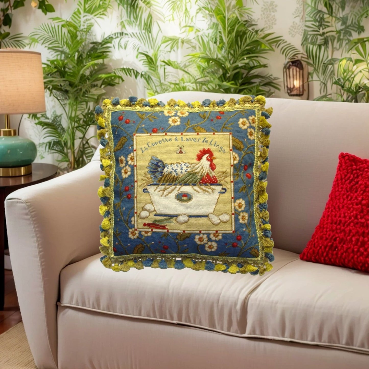 Handmade Wool Needlepoint Pillow Cover - Decorative Throw Cushion Cover - Vintage Floral Embroidery Design Sudi McCollums designLa Cuvette a Laver le Linge with bee and 3 color tassel