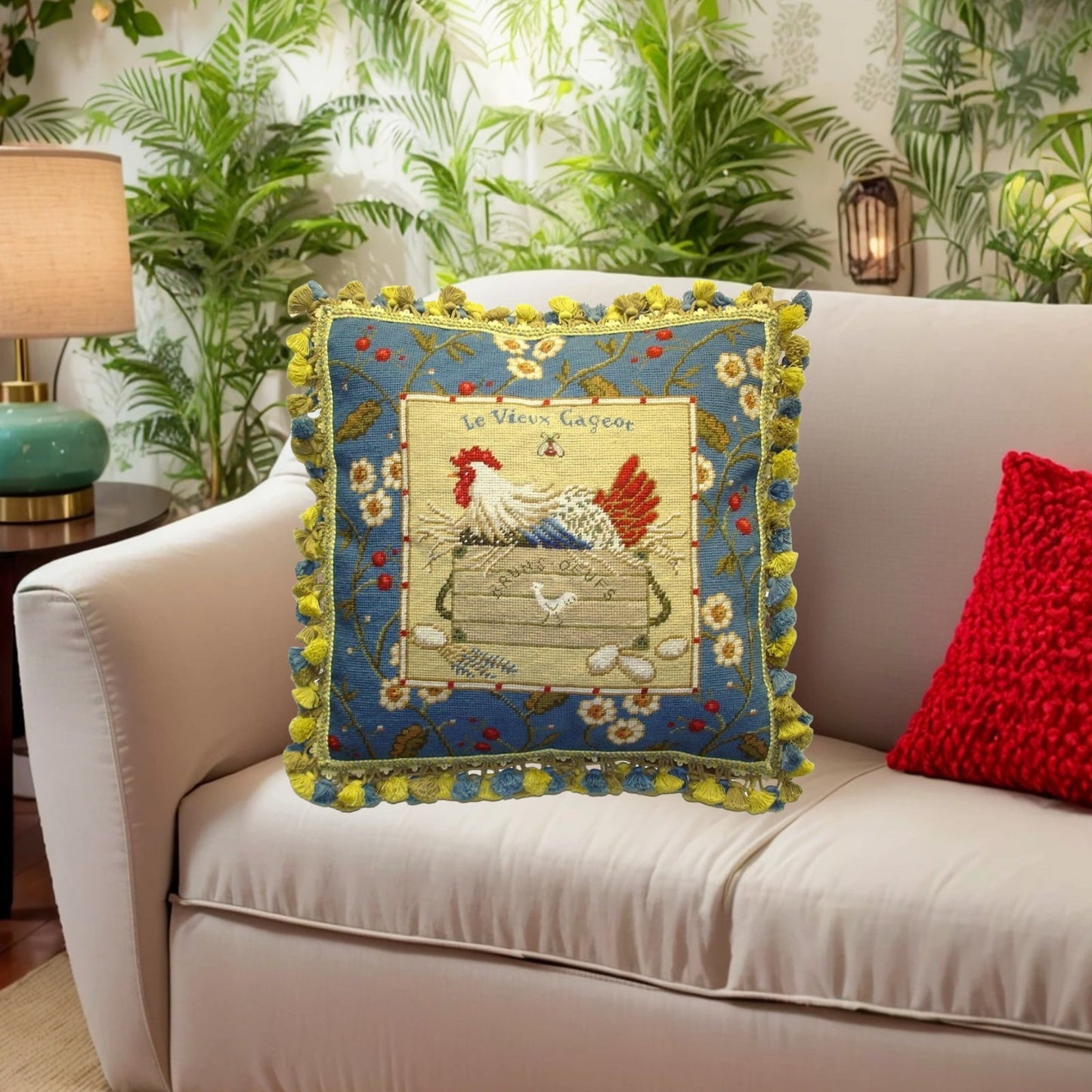 Handmade Wool Needlepoint Pillow Cover - Decorative Throw Cushion Cover - Vintage Floral Embroidery Design Sudi McCollums designLe Vieux Cageot with bee and 3 color tassel