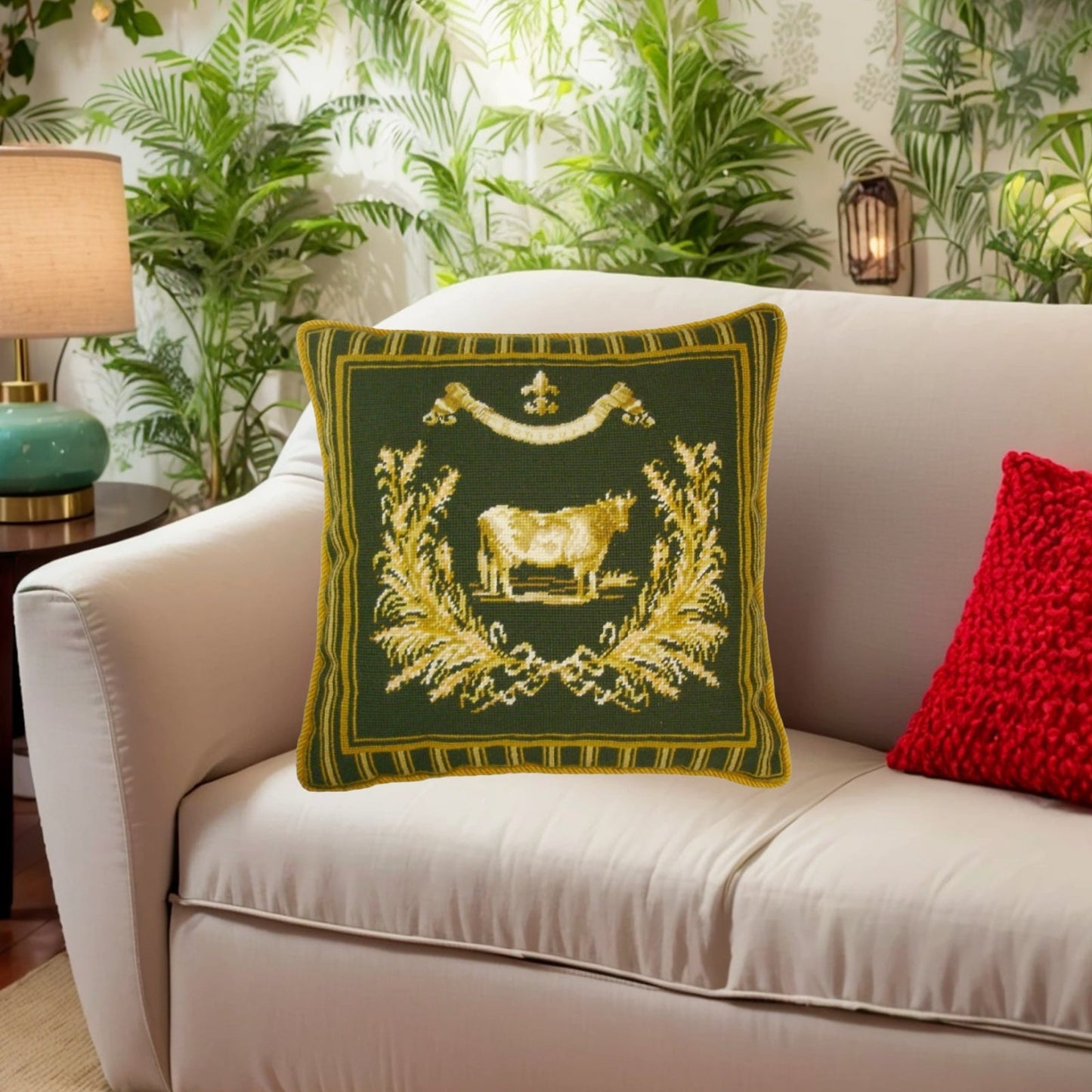 Handmade Wool Needlepoint Pillow Cover - Decorative Throw Cushion Cover - Vintage Floral Embroidery Design Gayle Bighouse design french County Cow, green