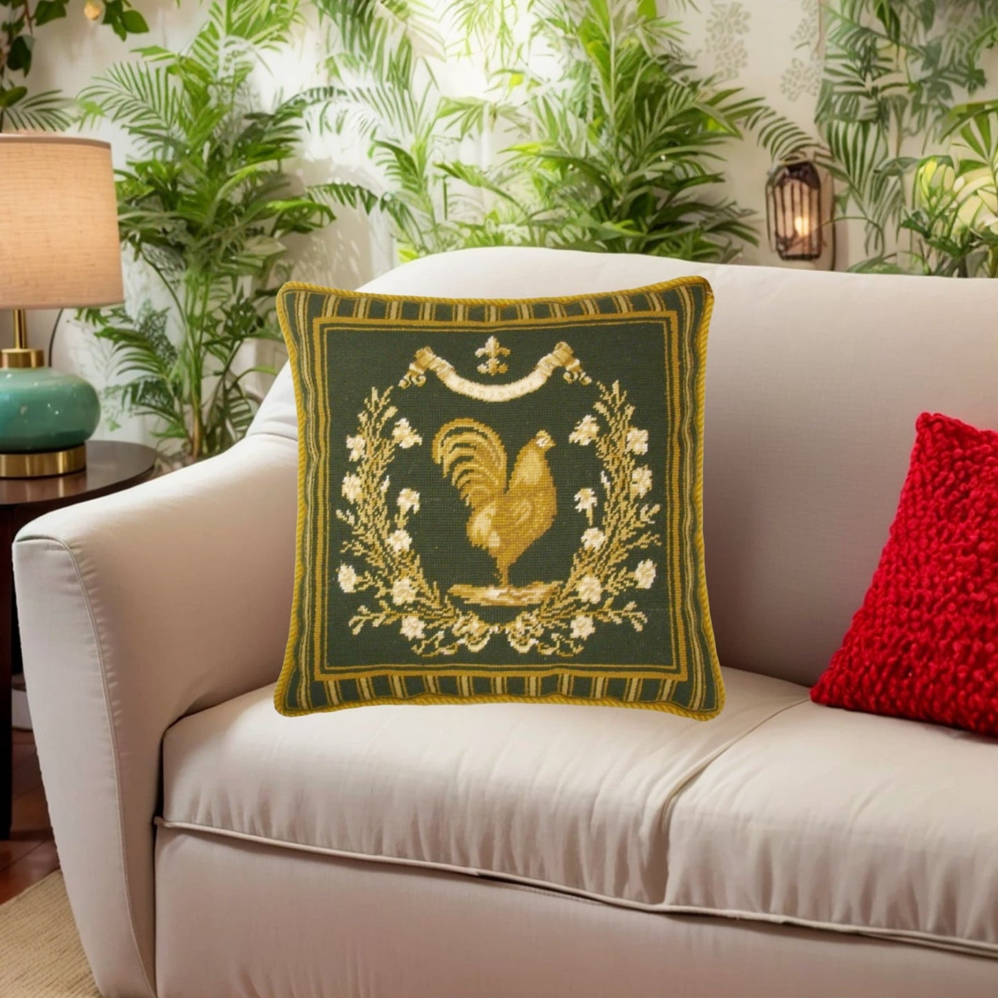 Handmade Wool Needlepoint Pillow Cover - Decorative Throw Cushion Cover - Vintage Floral Embroidery Design Gayle Bighouses design french country rooster green