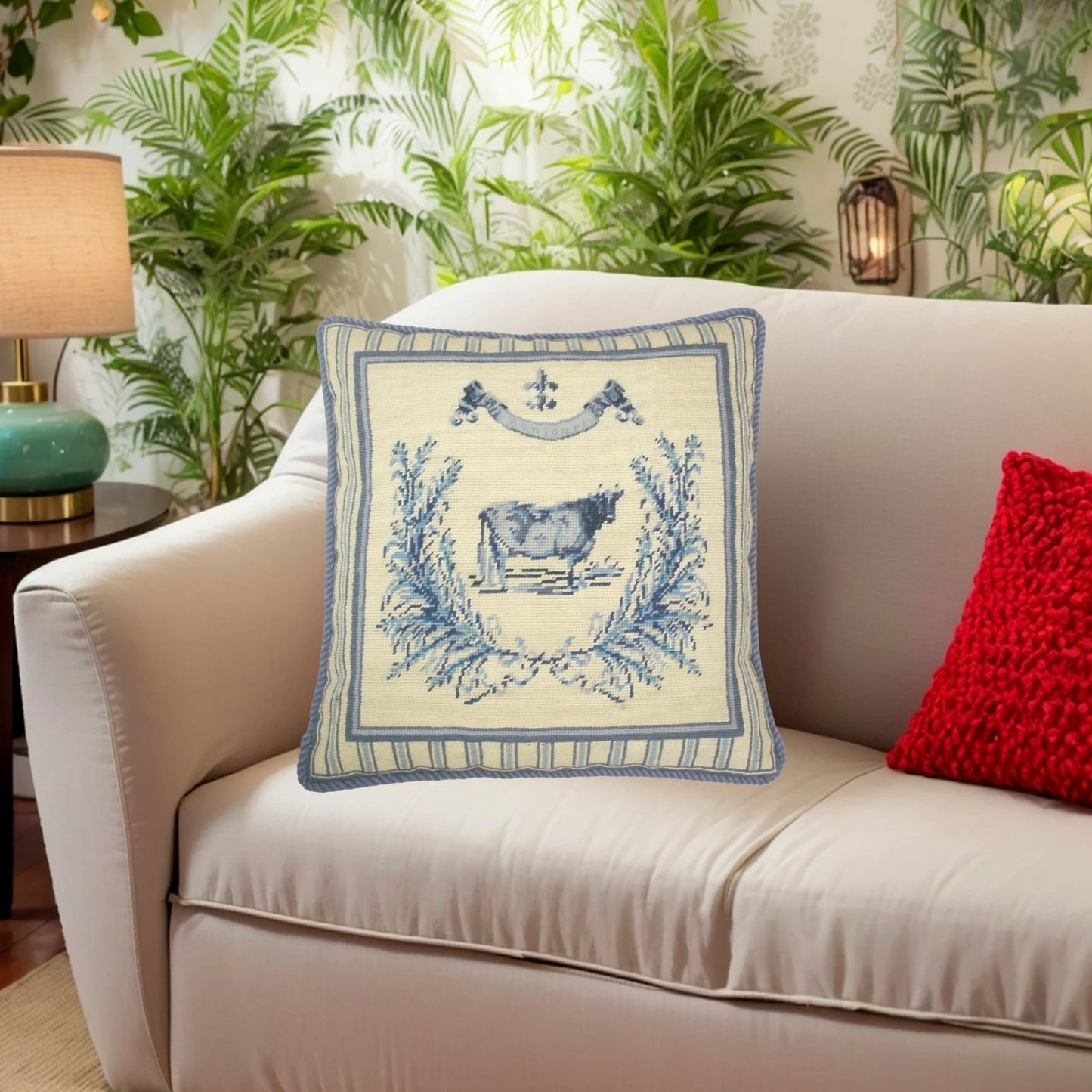 Handmade Wool Needlepoint Pillow Cover - Decorative Throw Cushion Cover - Vintage Floral Embroidery Design Gayle Bighouse design french country cow blue