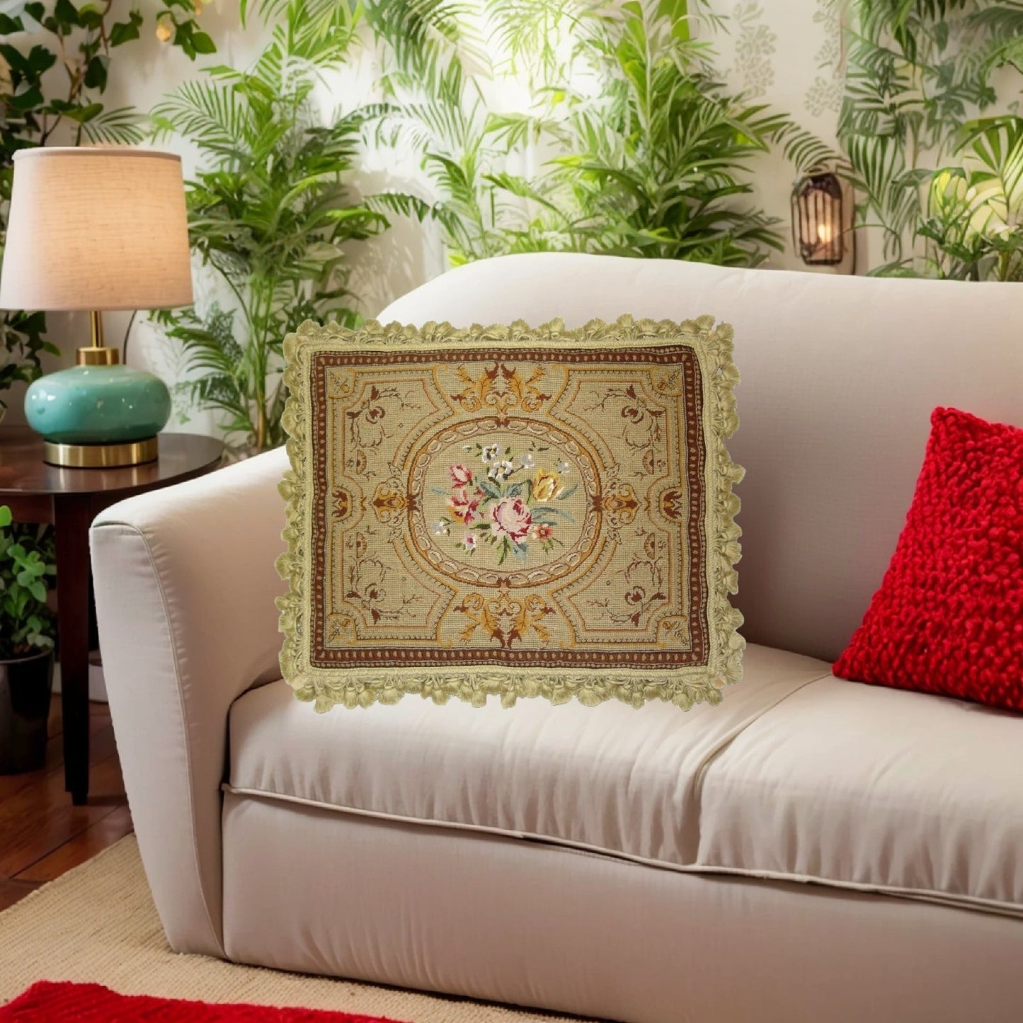 Handmade Wool Needlepoint Pillow Cover - Decorative Throw Cushion Cover - Vintage Floral Embroidery Design old antique golden frame & roses center with gold tassels