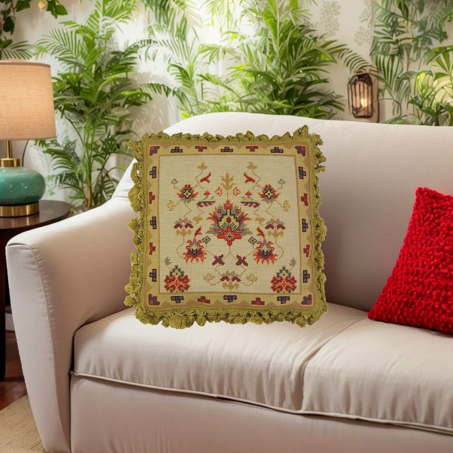 Handmade Wool Needlepoint Pillow Cover - Decorative Throw Cushion Cover - Vintage Floral Embroidery Design Turkish gold/red designs with gold tassels
