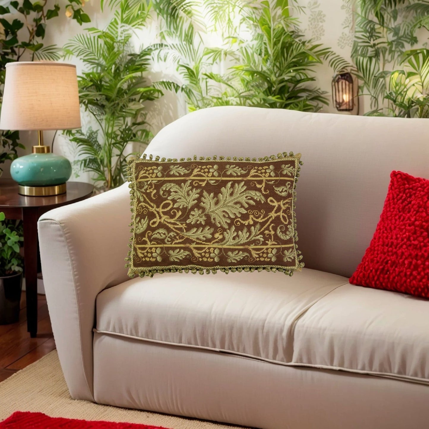 Handmade Wool Needlepoint Pillow Cover - Decorative Throw Cushion Cover - Vintage Floral Embroidery Design olive-brown grape leaves with 2 color tassel