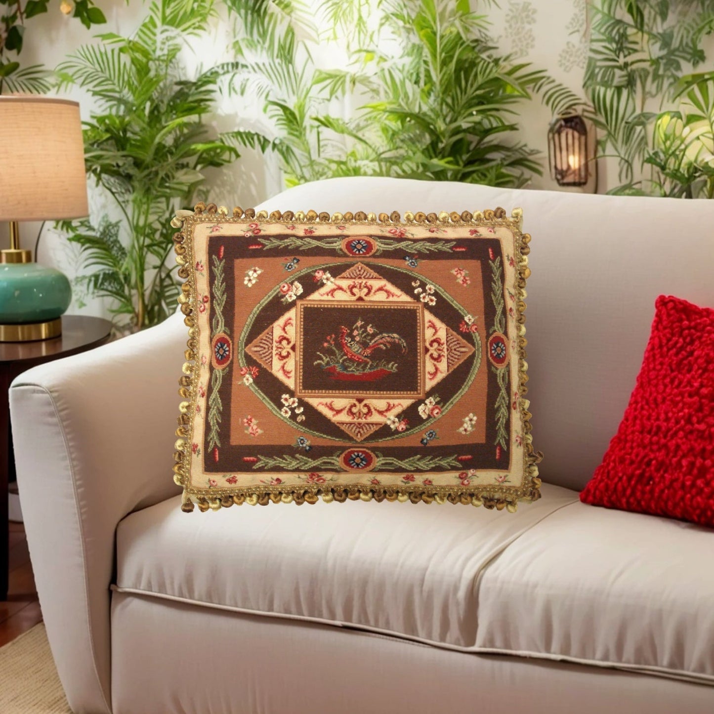 Handmade Wool Needlepoint Pillow Cover - Decorative Throw Cushion Cover - Vintage Floral Embroidery Design pheasant center with tassels