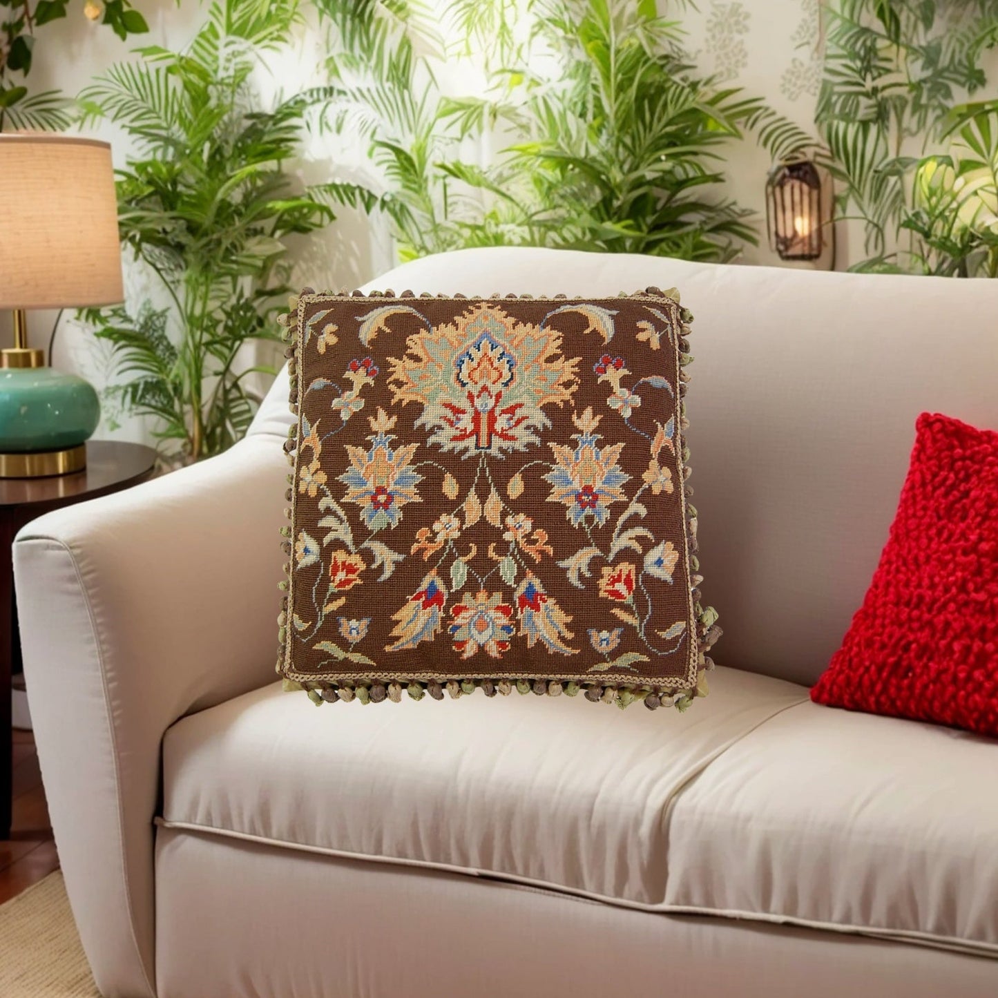 Handmade Wool Needlepoint Pillow Cover - Decorative Throw Cushion Cover - Vintage Floral Embroidery Design dark brown background William Morris style with tassels