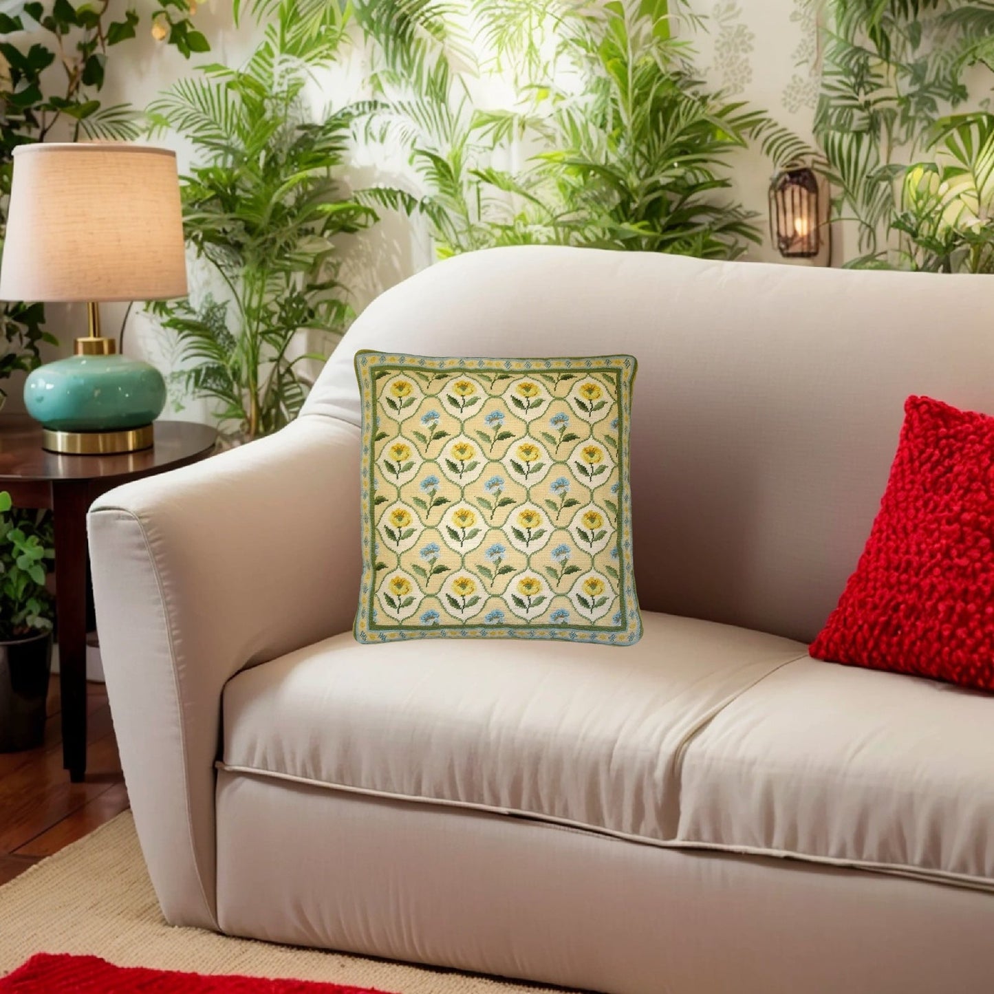 Handmade Wool Needlepoint Pillow Cover - Decorative Throw Cushion Cover - Vintage Floral Embroidery Design IIVV