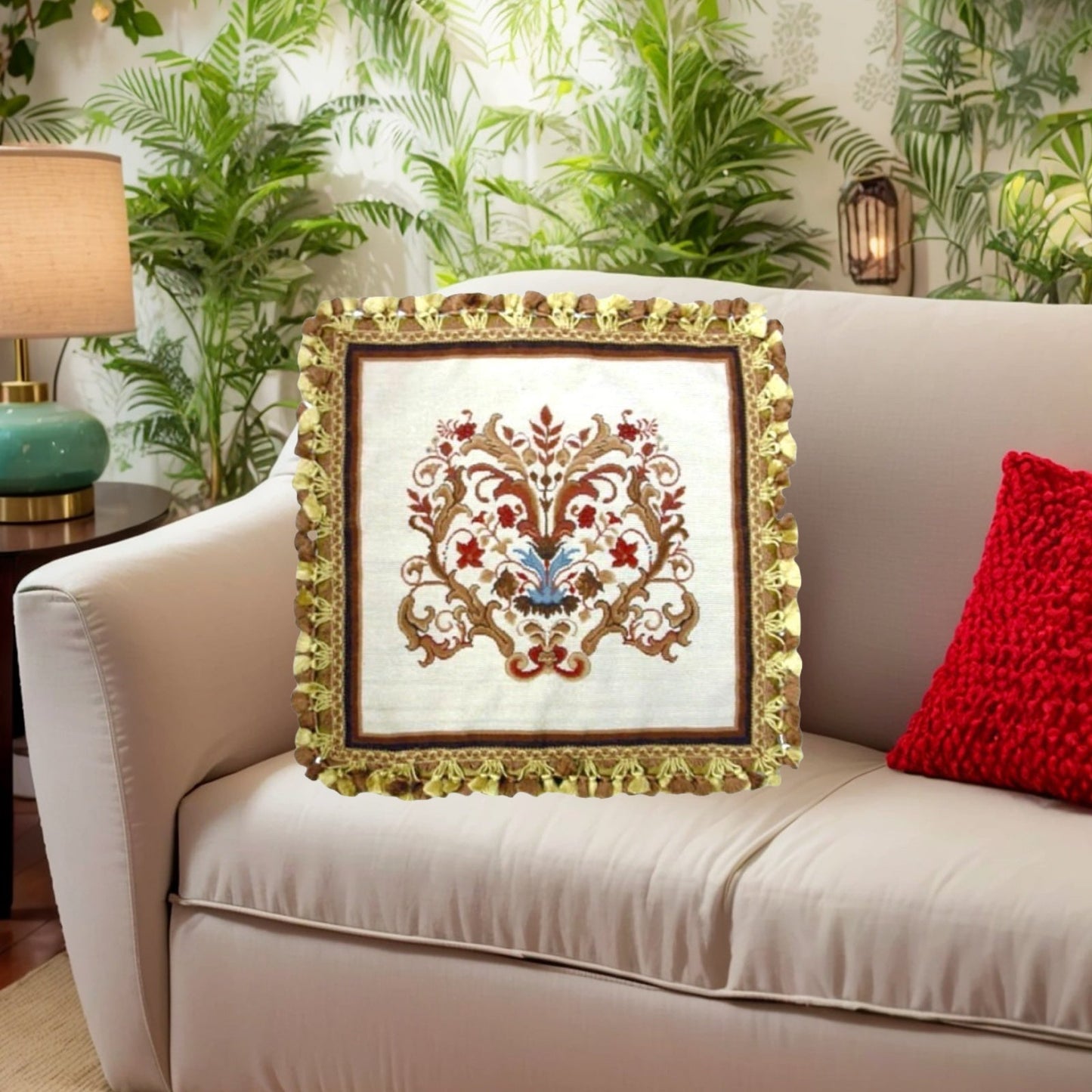 Handmade Wool Needlepoint Pillow Cover - Decorative Throw Cushion Cover - Vintage Floral Embroidery Design floral with tassel