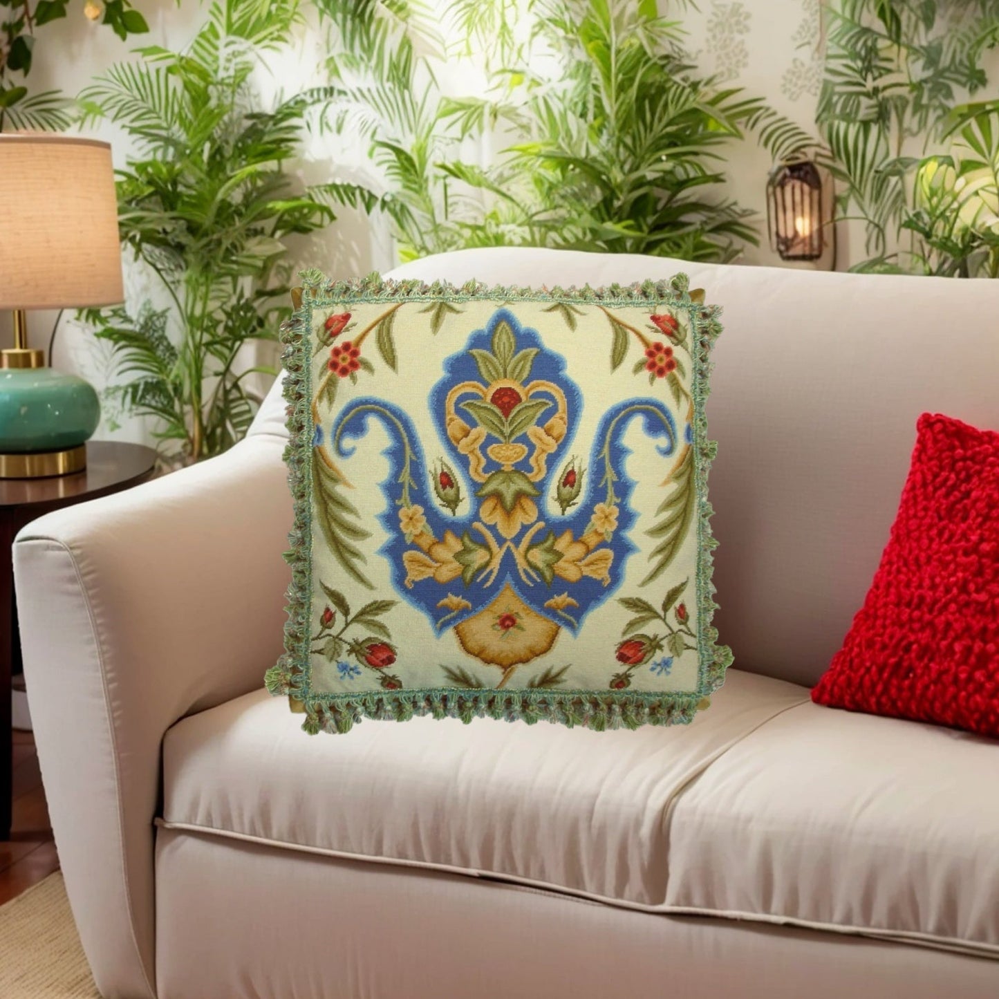 Handmade Wool Needlepoint Pillow Cover - Decorative Throw Cushion Cover - Vintage Floral Embroidery Design blue tulip red roses with tassels