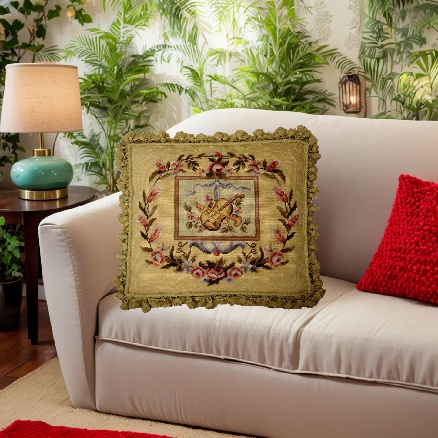 Handmade Wool Needlepoint Pillow Cover - Decorative Throw Cushion Cover - Vintage Floral Embroidery Design big Viola and Trumpet background