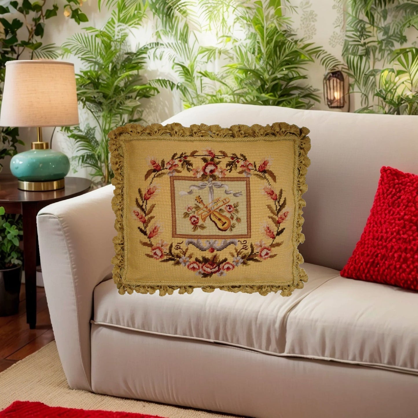 Handmade Wool Needlepoint Pillow Cover - Decorative Throw Cushion Cover - Vintage Floral Embroidery Design Violin background