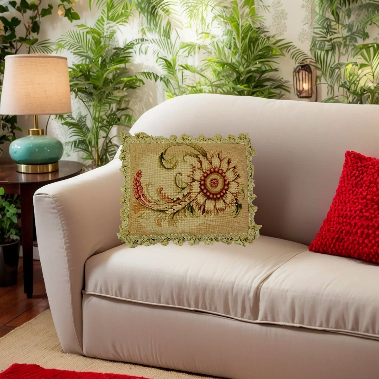 Handmade Wool Needlepoint Pillow Cover - Decorative Throw Cushion Cover - Vintage Floral Embroidery Design Wheat flower side with tassels