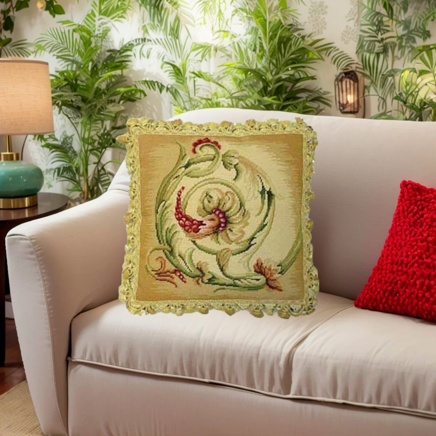 Handmade Wool Needlepoint Pillow Cover - Decorative Throw Cushion Cover - Vintage Floral Embroidery Design Wheat blooming center circling with tassel