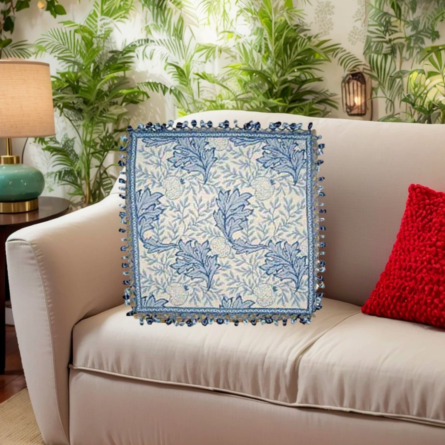 Handmade Wool Needlepoint Pillow Cover - Decorative Throw Cushion Cover - Vintage Floral Embroidery Design blue/white William Morris grapes leaves with 2 color tassels