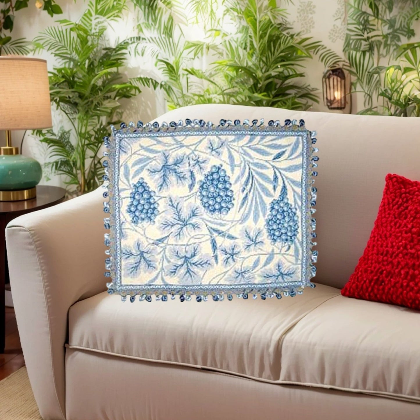 Handmade Wool Needlepoint Pillow Cover - Decorative Throw Cushion Cover - Vintage Floral Embroidery Design William Morris grapes with tassels