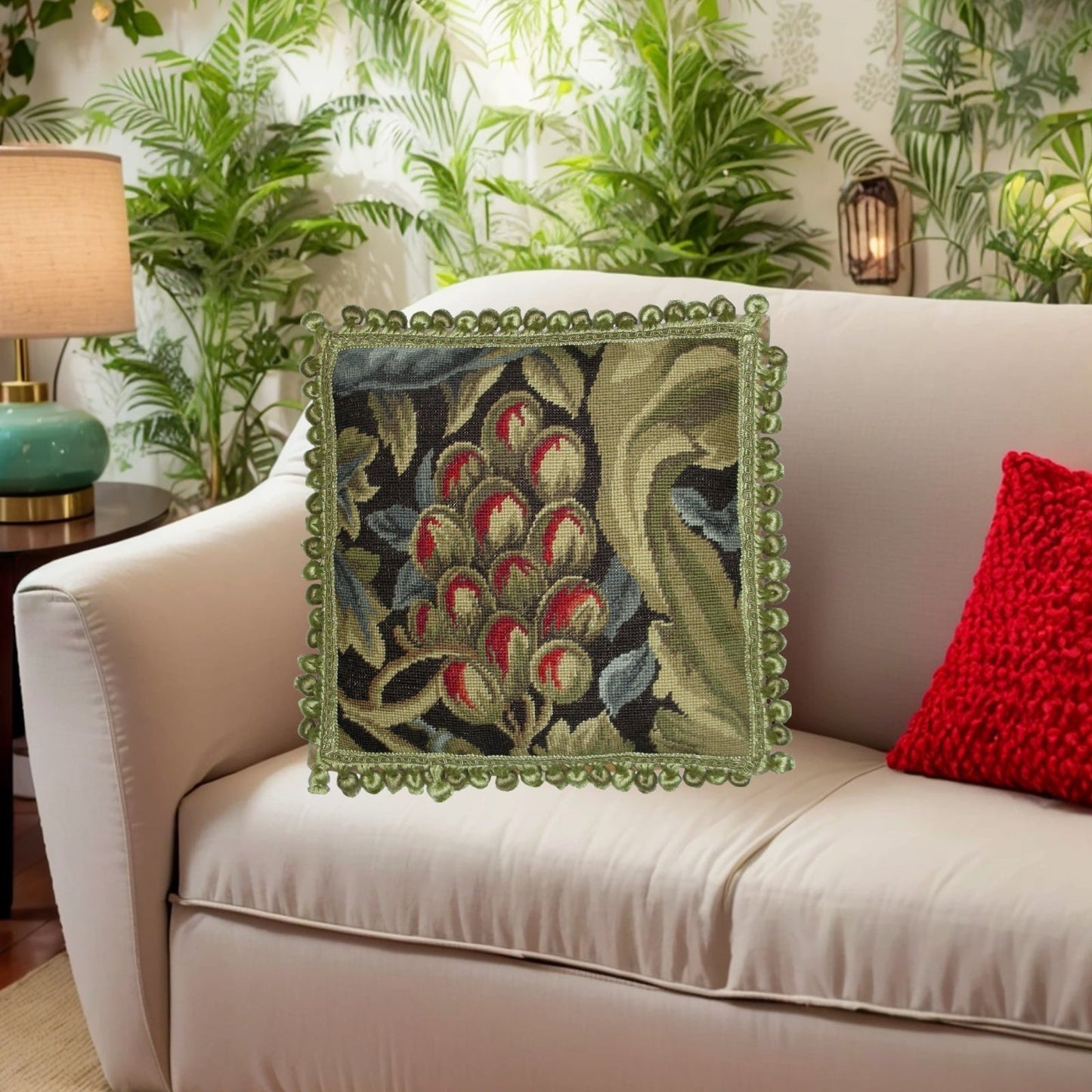 Handmade Wool Needlepoint Pillow Cover - Decorative Throw Cushion Cover - Vintage Floral Embroidery Design William Morris red fruit with tassels