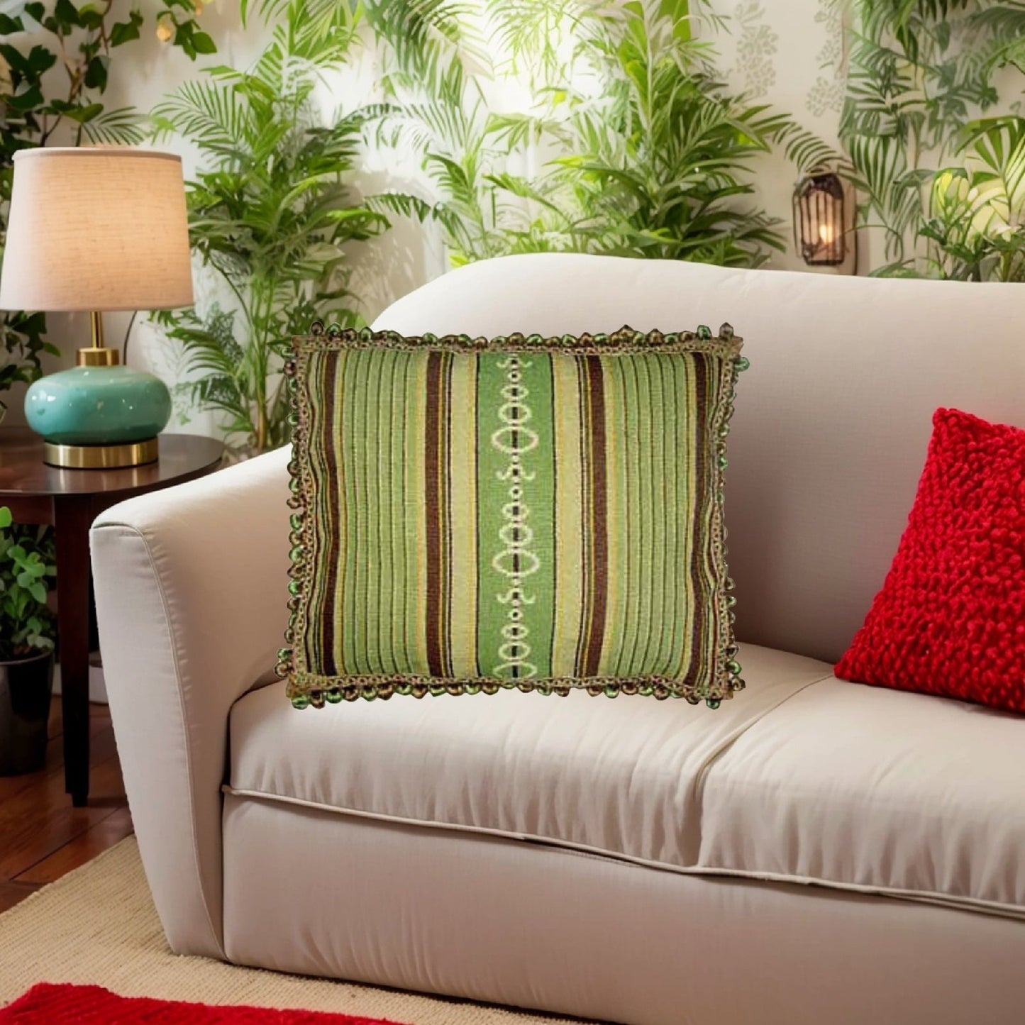 Handmade Wool Needlepoint Pillow Cover - Decorative Throw Cushion Cover - Vintage Floral Embroidery Design green/brown patten with 3 color tassels