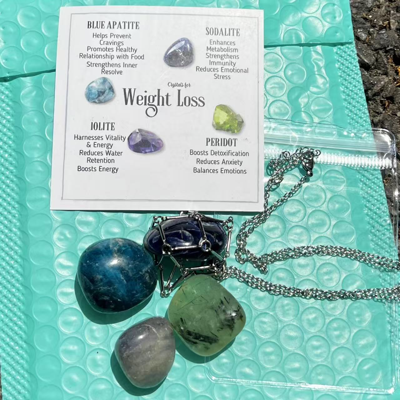Crystal Healing Set: Tumbled Stones, Cage Necklace, Info Card - Wellness Gift
