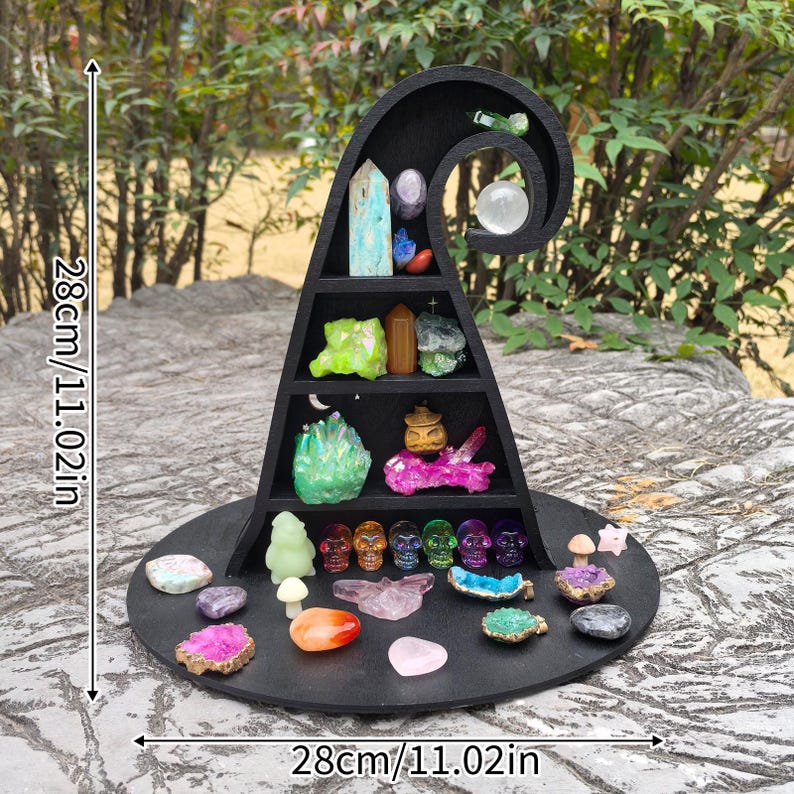 Witch Hat Crystal Shelf – Wooden Witchy Altar Display, Halloween Gothic Decor, Celestial Crystal Storage, Wiccan Ritual Shelf