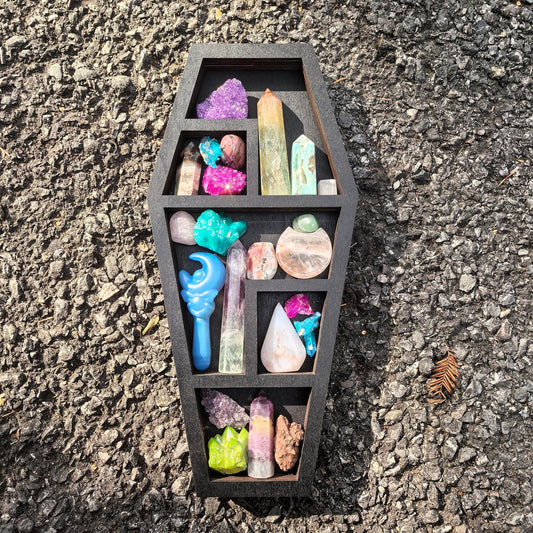 Coffin Crystal Shelf - Wooden Display Shelf for Healing Crystals, Witchy Room Decor, Gothic Altar Shelf, Spiritual Home Decor