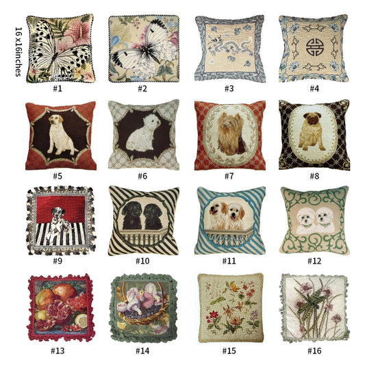 Handmade Wool Needlepoint Pillow Cover - Decorative Throw Cushion Cover - Vintage Floral Embroidery Design - 16x16 Pillow Cover