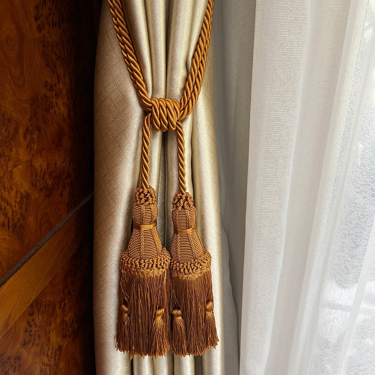 2 Pack Luxury Double Tassel Curtain Tieback, 27 in Total Length – Handcrafted Decorative Rope Holdback for Drapes, Curtains, and Home Décor E97187