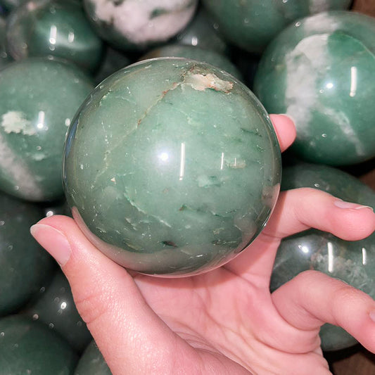 Green Aventurine Sphere 3” with Wooden Stand & Info Card – Heart Chakra Crystal, Luck Stone, Meditation Ball, Gift for Her/Him