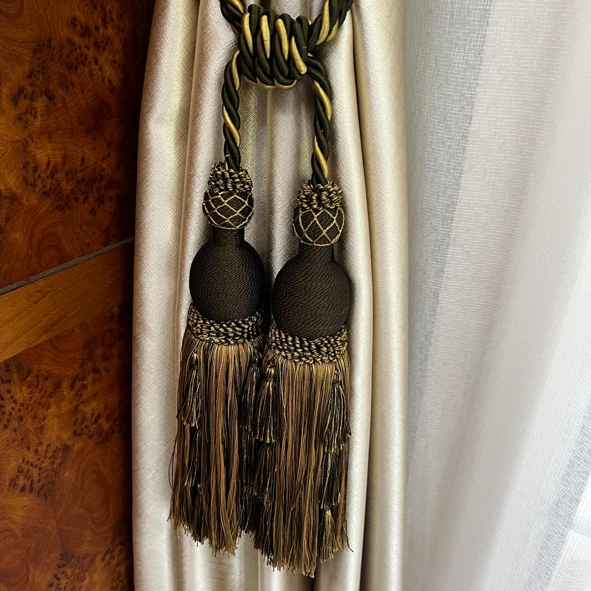 2 Packs Luxury Black & Gold Double Tassel Curtain Tieback, 28 in – Handcrafted Decorative Rope Holdback for Drapes and Home Interior Styling   E2503_B