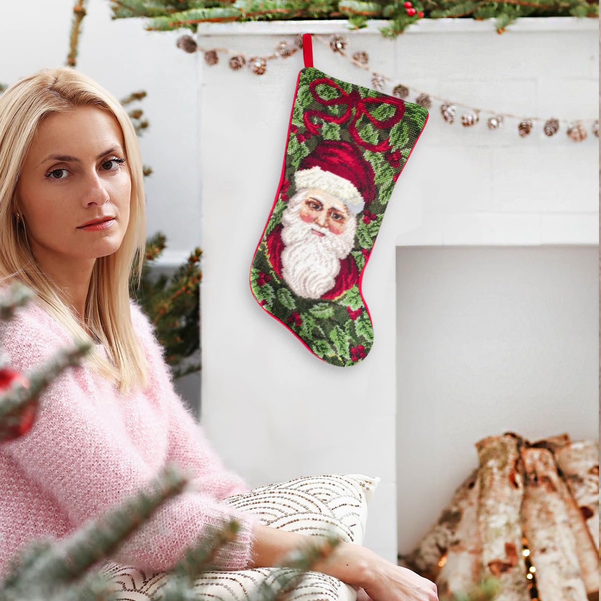 Hand-Embroidered Christmas Stocking, 16 x 8 in – 100% Wool Needlepoint Holiday Decoration with Classic Santa Design