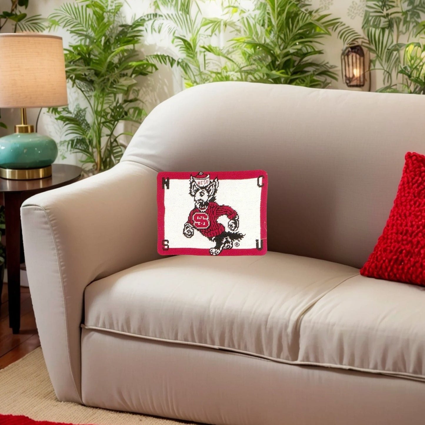 Handmade Wool Needlepoint Pillow Cover - Decorative Throw Cushion Cover - Vintage Floral Embroidery Design N C State University Red Wolf of NCSU