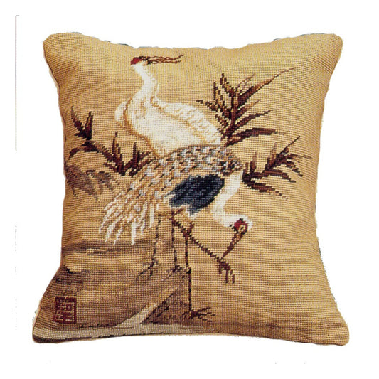 Handmade Wool Needlepoint Pillow Cover - Decorative Throw Cushion Cover - Vintage Floral Embroidery Design  Cranes with green leaves
