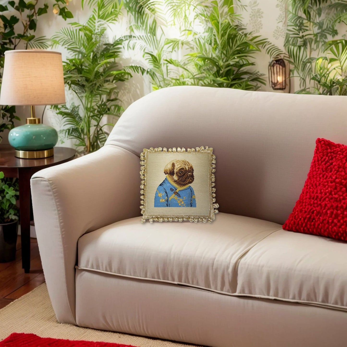 Handmade Wool Needlepoint Pillow Cover - Decorative Throw Cushion Cover - Vintage Floral Embroidery Design  pug girl in blue jacket with 3 color cording