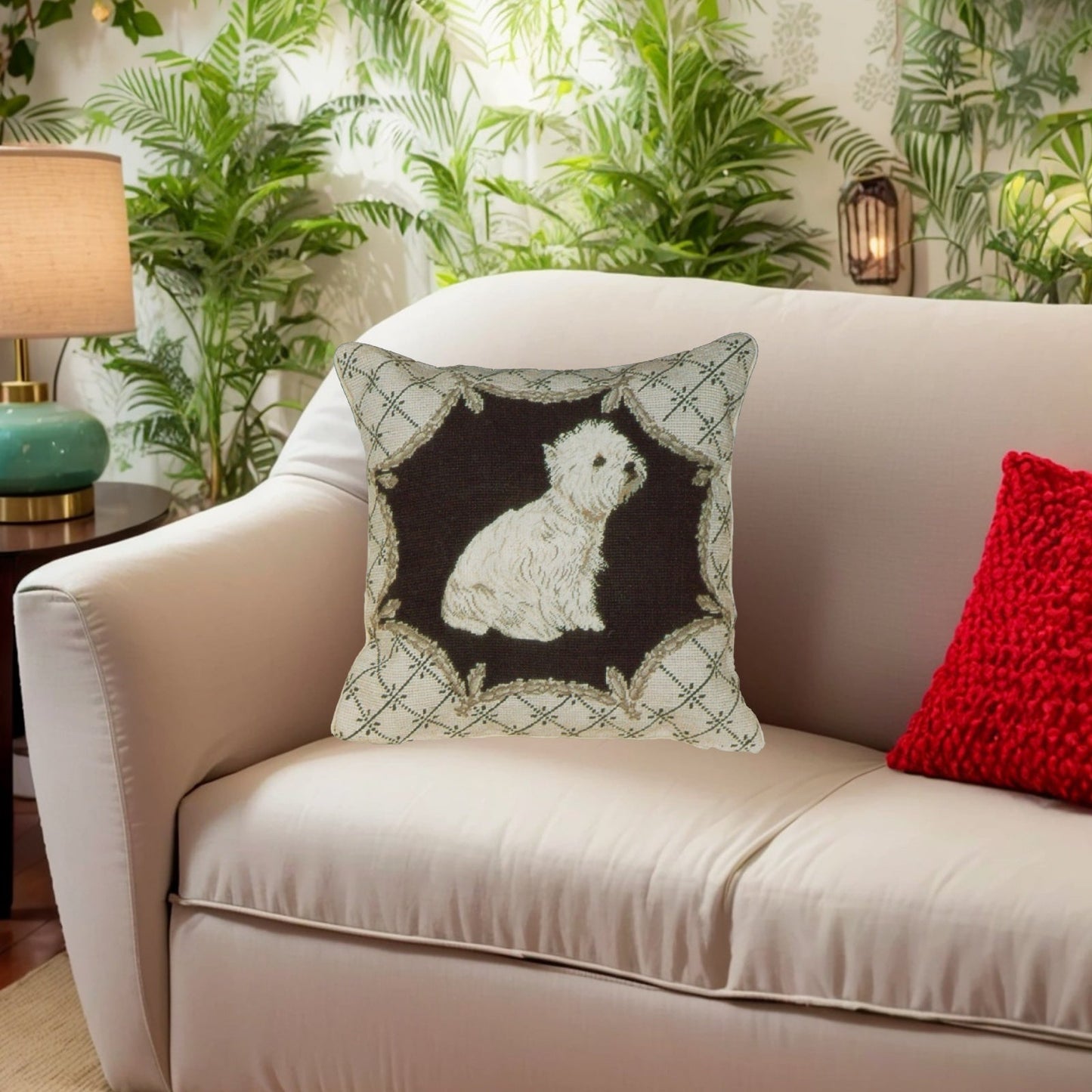 Handmade Wool Needlepoint Pillow Cover - Decorative Throw Cushion Cover - Vintage Floral Embroidery Design  West Highland Terrier in liver gray trimming frame
