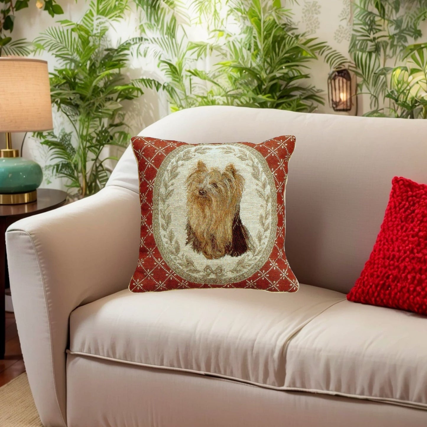 Handmade Wool Needlepoint Pillow Cover - Decorative Throw Cushion Cover - Vintage Floral Embroidery Design  Yorkshire Terrier in red weather frame