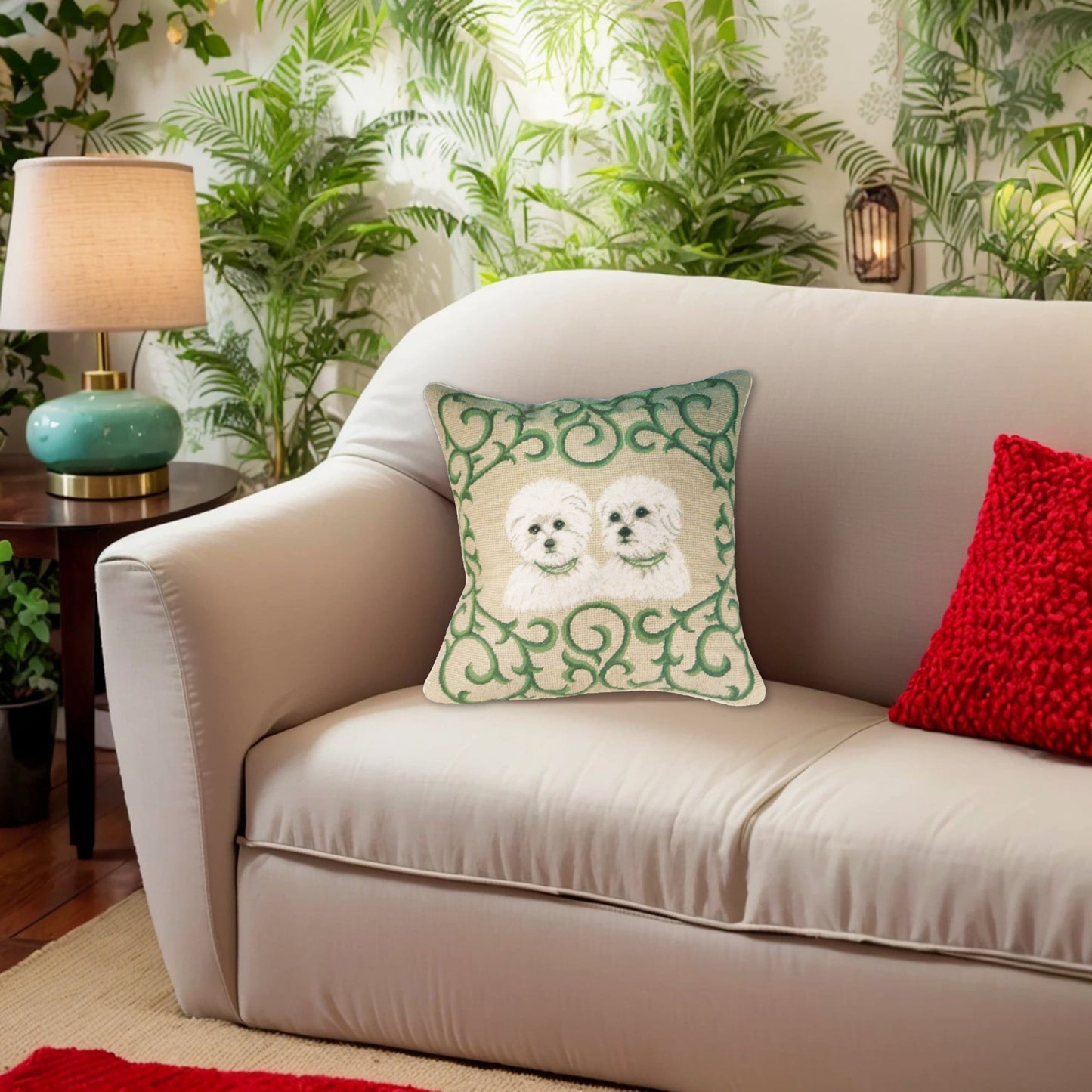 Handmade Wool Needlepoint Pillow Cover - Decorative Throw Cushion Cover - Vintage Floral Embroidery Design  twin Westie in green leave frame