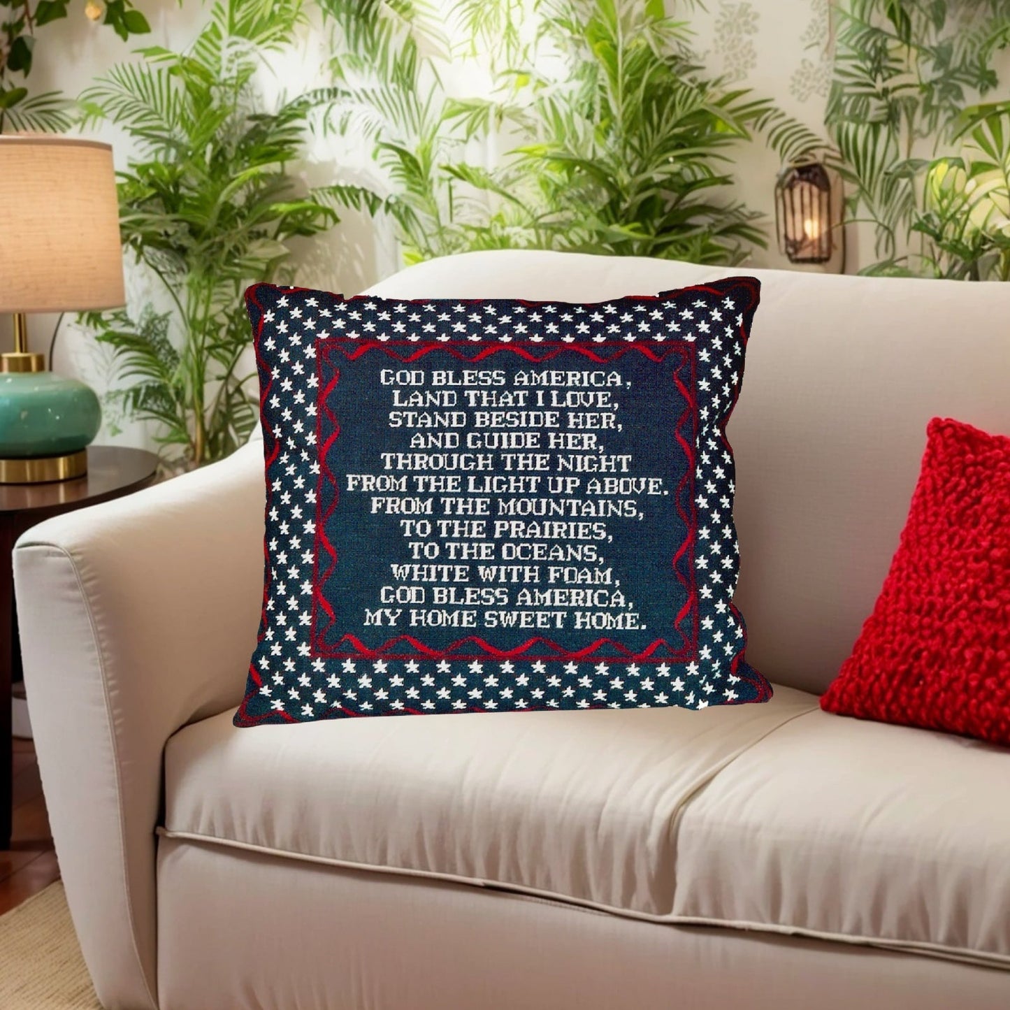 Handmade Wool Needlepoint Pillow Cover - Decorative Throw Cushion Cover - Vintage Floral Embroidery Design God Bless America