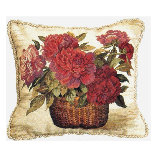 Handmade Wool Needlepoint Pillow Cover - Decorative Throw Cushion Cover - Vintage Floral Embroidery Design  Peoney basket with 2 color cording