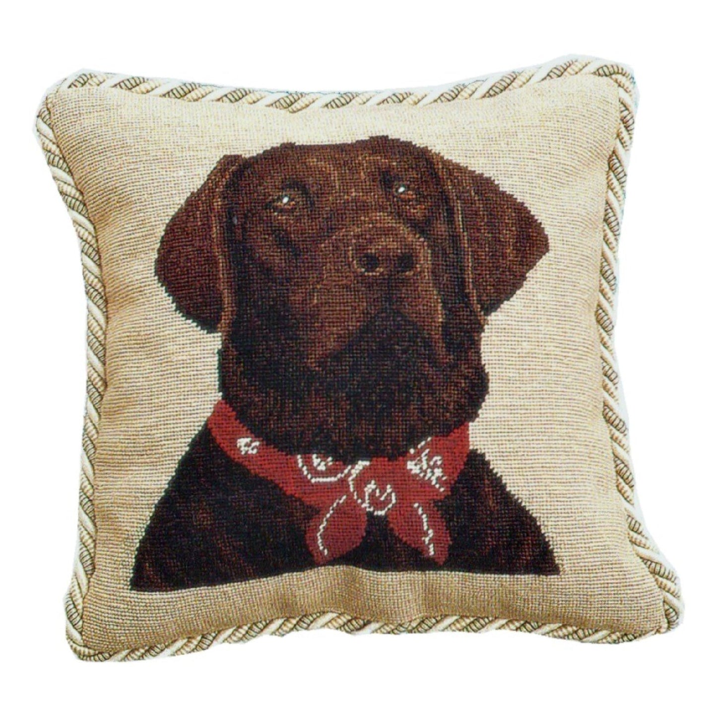 Handmade Wool Needlepoint Pillow Cover - Decorative Throw Cushion Cover - Vintage Floral Embroidery Design  brown Labradorwith 2 color cording