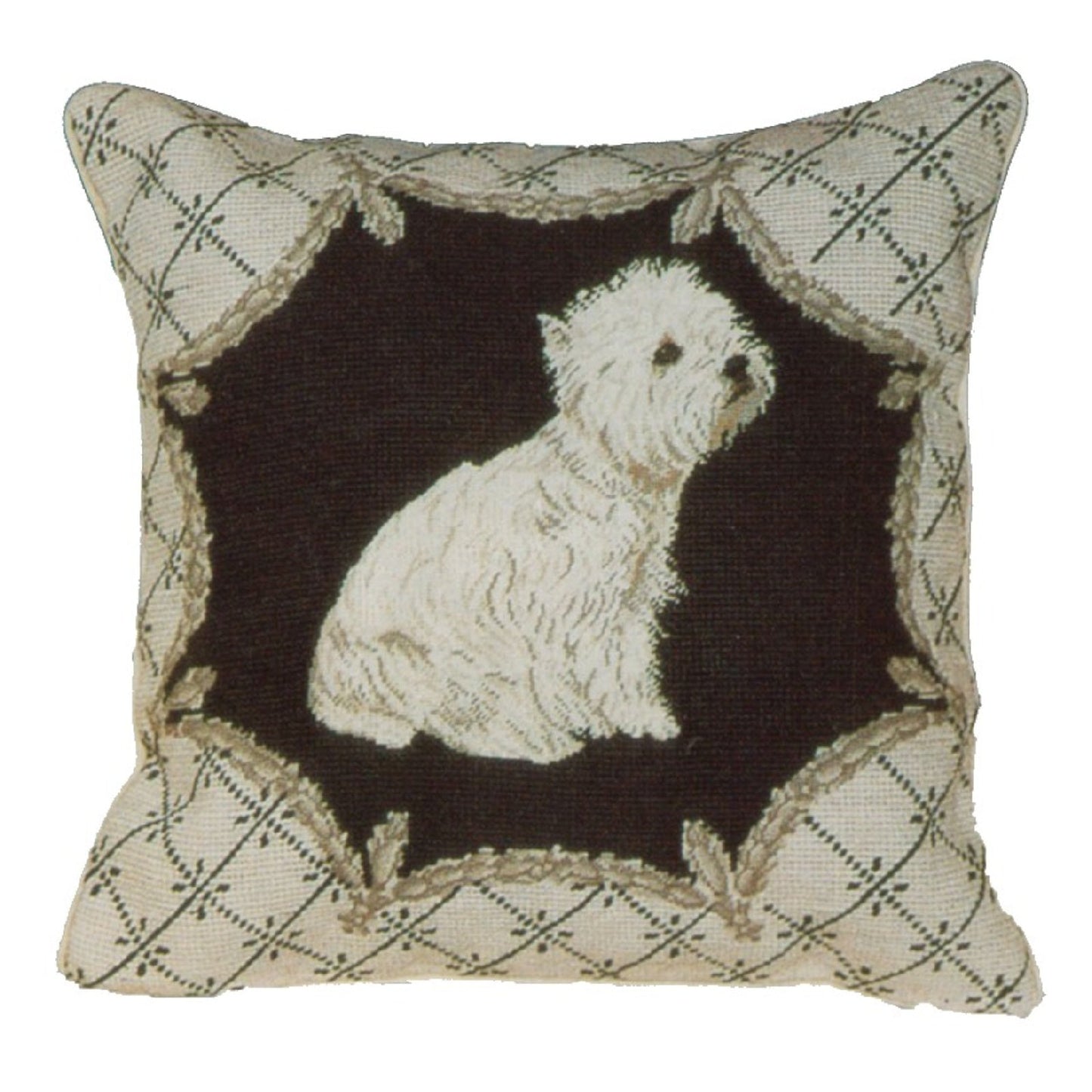 Handmade Wool Needlepoint Pillow Cover - Decorative Throw Cushion Cover - Vintage Floral Embroidery Design  West Highland Terrier in liver gray trimming frame